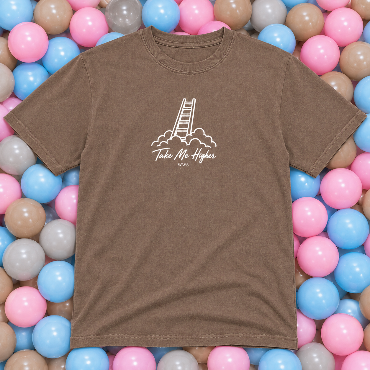 A brown short-sleeve t-shirt with a white graphic of a ladder rising through clouds and the text 'Take Me Higher' and '2024', laid flat on a bed of pink, blue, and beige plastic balls.
